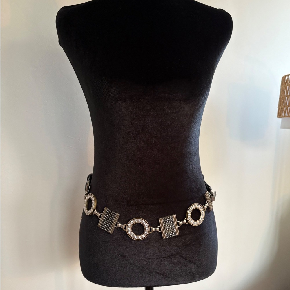 Chicos Womens Mixed Metal Crystal Embellished Leather Statement Belt Black ML - Picture 10 of 10